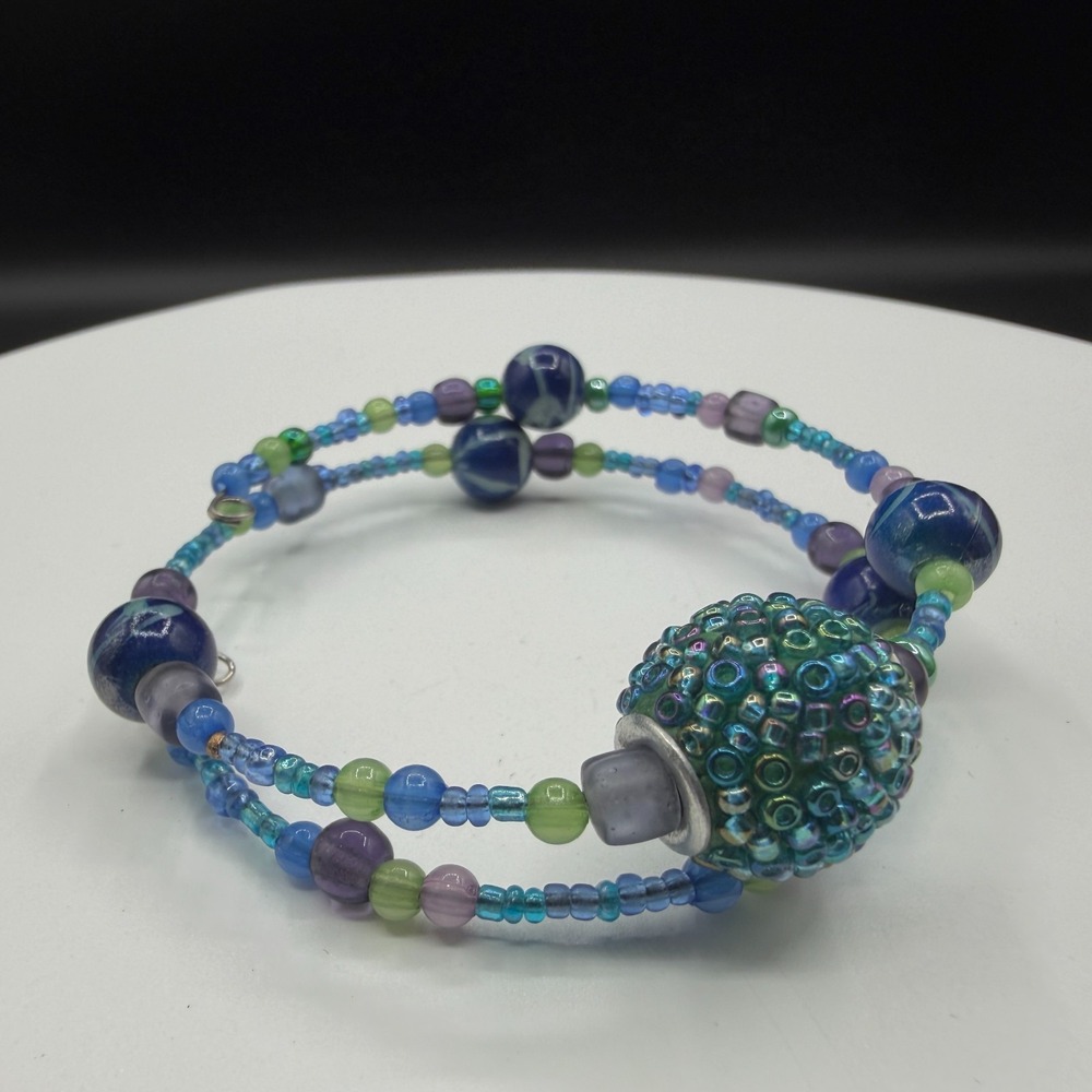 Handmade Blue Green Glass Beaded Double Strand Bracelet Boho Statement Gift